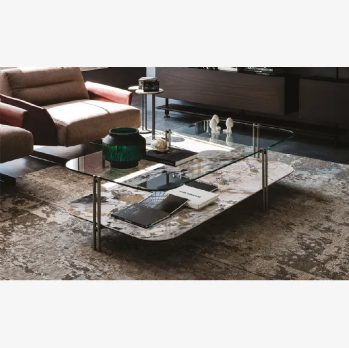 Tavolino con piano superiore in cristallo e piano inferiore in ceramica Biplane di Cattelan Italia