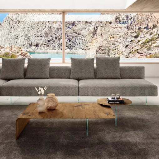 Tavolino lavorato artigianalmente in legno di Rovere centenario e vetro Lean di Lago