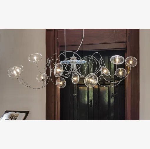 Lampada a sospensione con bracci cromati e paralumi in cristallo Oktopus di Cattelan Italia
