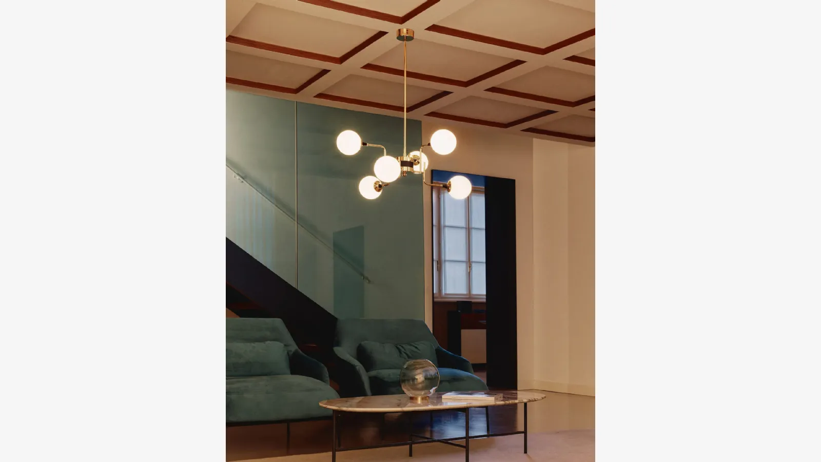 Lampada a sospensione in ottone con diffusori in vetro Galassia di Stilnovo