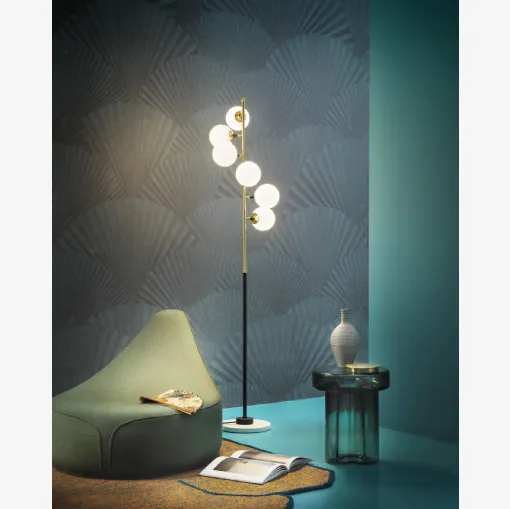 Lampada da terra in metallo e ottone con base in marmo e diffusori in vetro Galassia di Stilnovo