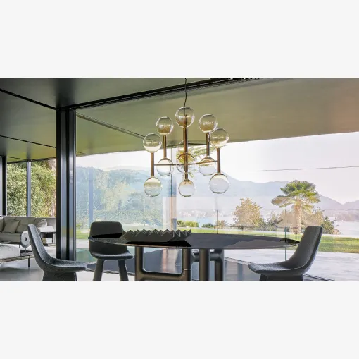 Lampada a sospensione Sofì in ottone con sfere in vetro borosilicato con finitura ambrata di Bonaldo