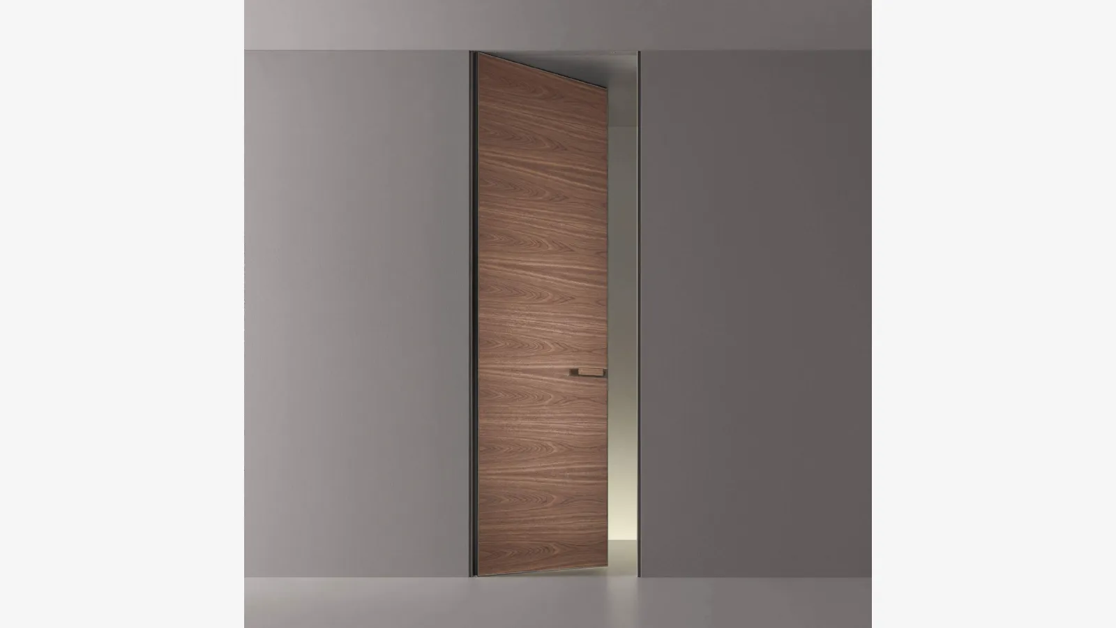 Porta a filo muro per interni Moon in Noce con struttura in metallo finitura Peltro di Rimadesio