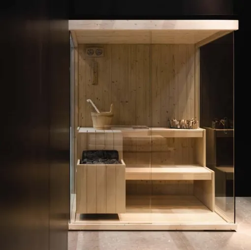 Sauna in vetro e legno di abete con anta scorrevole Exen di Megius
