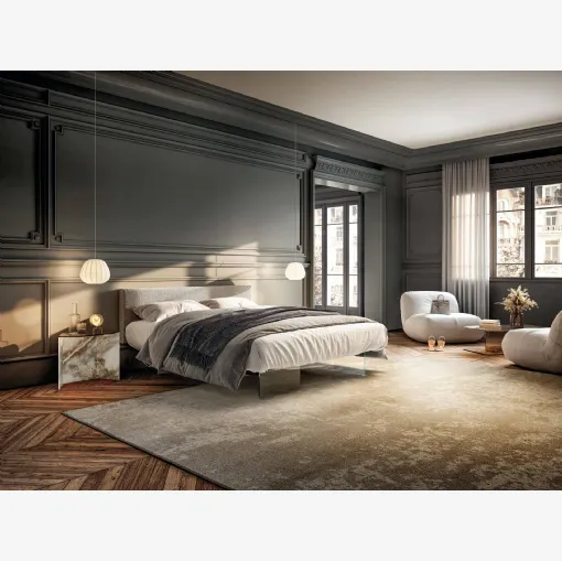 Letto Air 1501 in tessuto imbottito con base in vetro di Lago