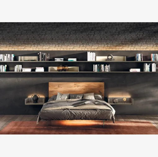 Letto Air 1521 con testiera in legno e base in vetro di Lago