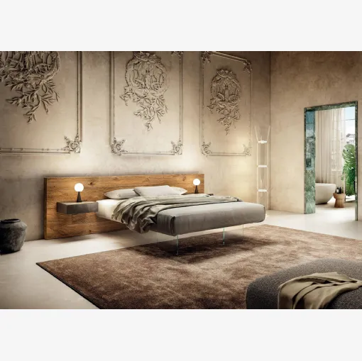 Letto con testiera in legno e base in vetro Air 1524 di Lago