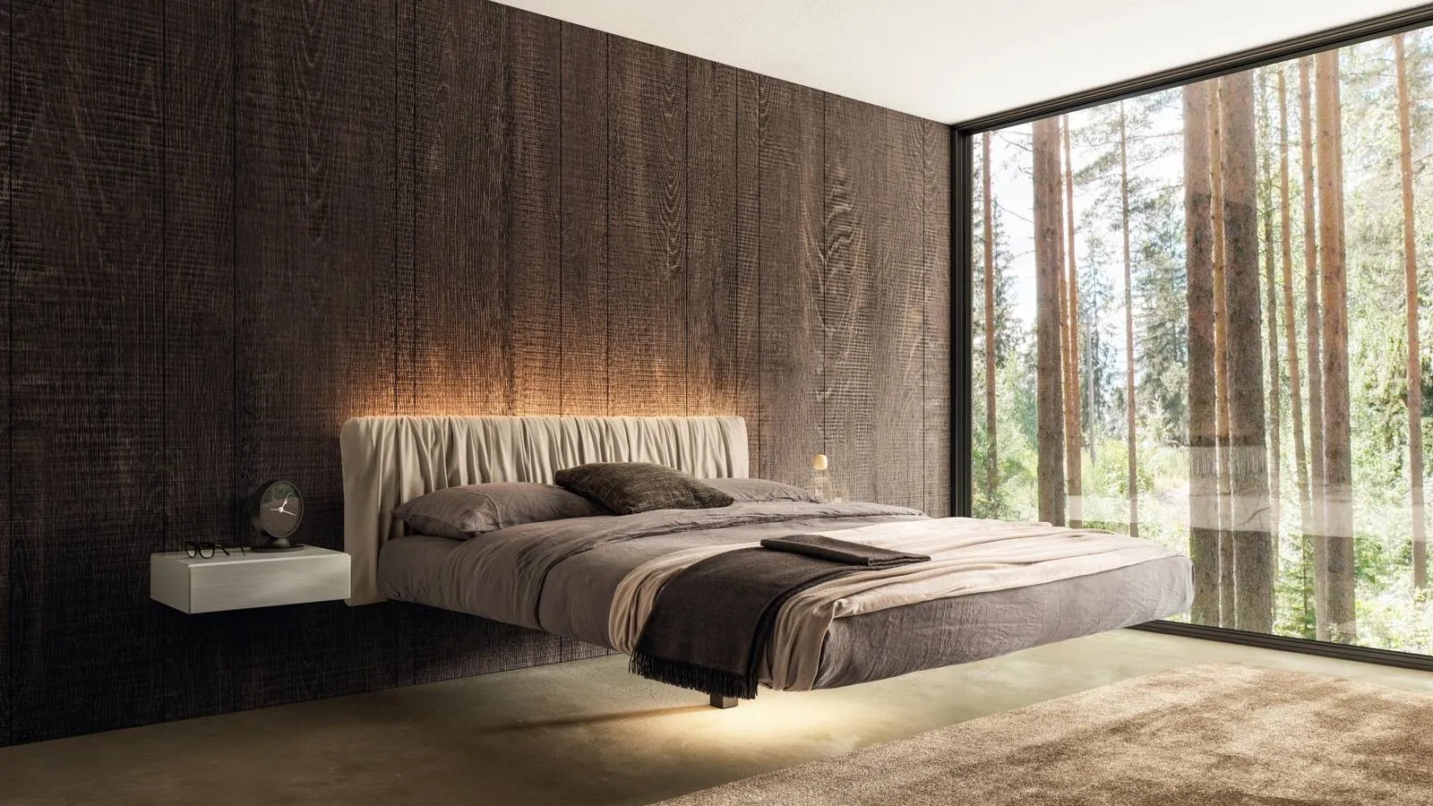 Letto sospeso Fluttua 1631 con testiera in pelle plissettata di Lago