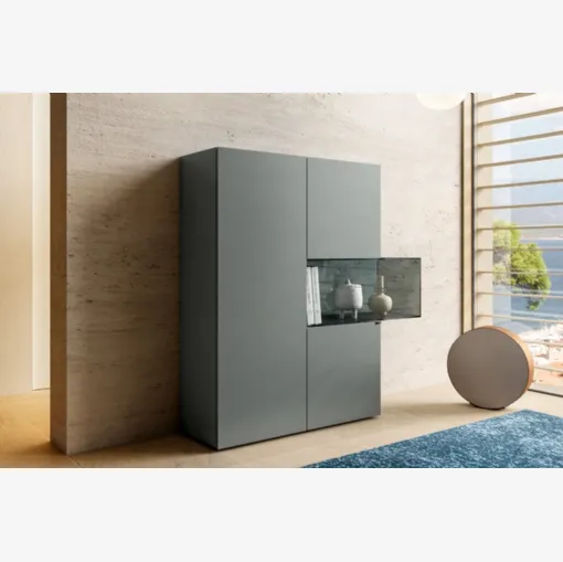 Madia Alta 36e8 Glass 1353 in vetro laccato Grigio opaco con teca espositiva di Lago