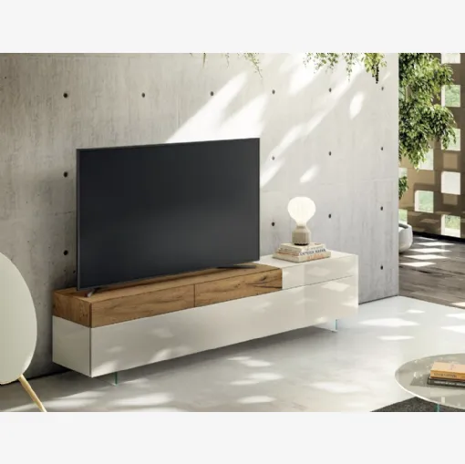 Mobile Porta Tv 36e8 2657 in vetro lucido e legno di Lago