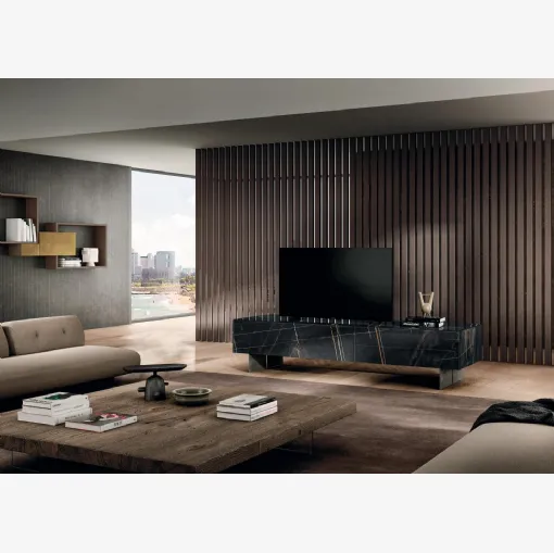 Mobile Porta Tv Materia 1052 in vetro effetto marmo XGlass Sahara Noir sospeso su supporti in metallo di Lago