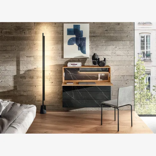 Mobile sospeso Home Office 1275 in vetro con piano scrittoio in legno di Lago