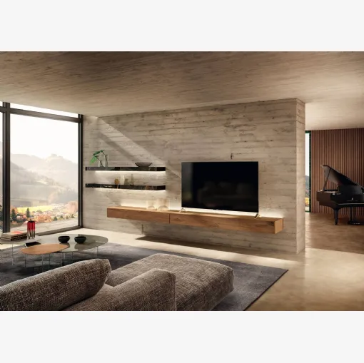 Parete Attrezzata in legno con mensole in vetro Dub 36e8 1400 di Lago