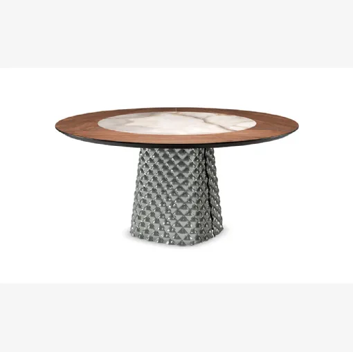 Tavolo con base in cristallo specchiato e piano in legno e ceramica Atrium Ker-Wood Round di Cattelan Italia