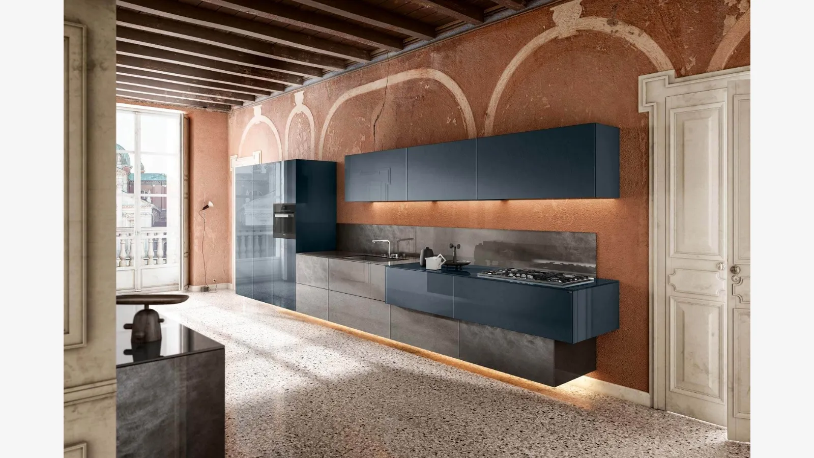 Cucina Design lineare sospesa 36e8 36e8 Metal XGlass Project 1093 in vetro laccato di Lago