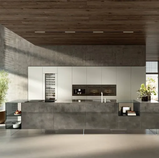 Cucina Design con isola 36e8 Project 2812 in vetro di Lago