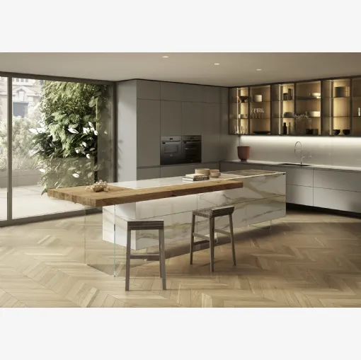 Cucina Design con isola 36e8 Project 2813 in vetro effetto marmo di Lago