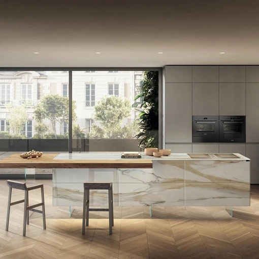Cucina Design con isola 36e8 Project 2813 in vetro effetto marmo di Lago