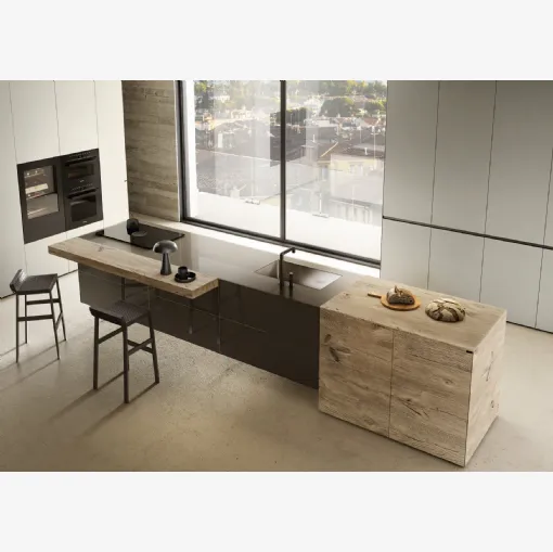 Cucina Design con isola 36e8 Project 2816 in vetro e legno di Lago