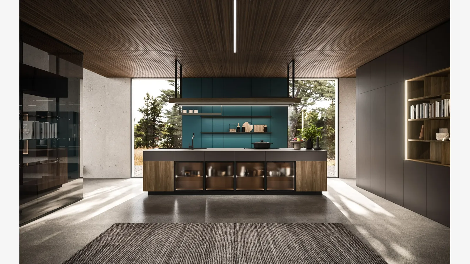 Cucina Design con isola Ak Project 01 in finitura Noce e Fenix di Arrital