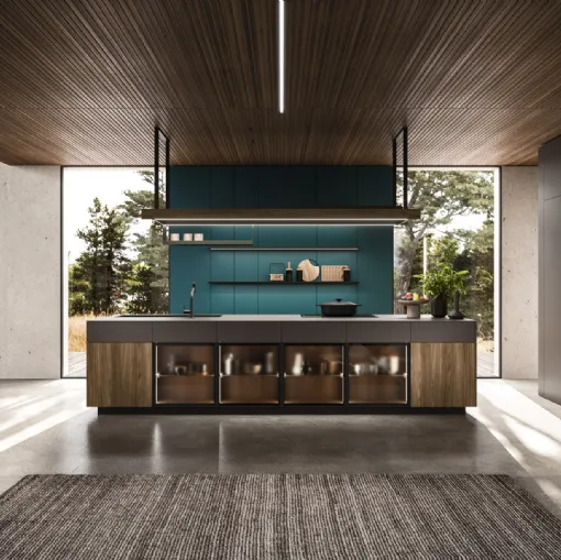 Cucina Design con isola Ak Project 01 in finitura Noce e Fenix di Arrital
