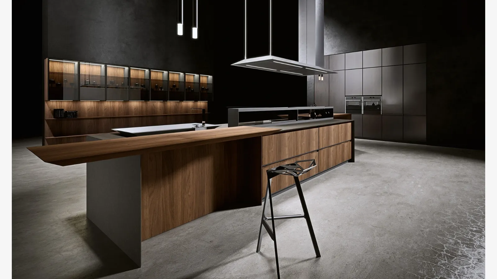 Cucina Design con isola in impiallacciato Noce Canaletto e laccato ossidato Piombo AkB 08 02 di Arrital