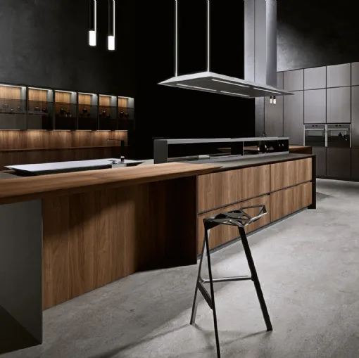 Cucina Design con isola in impiallacciato Noce Canaletto e laccato ossidato Piombo AkB 08 02 di Arrital