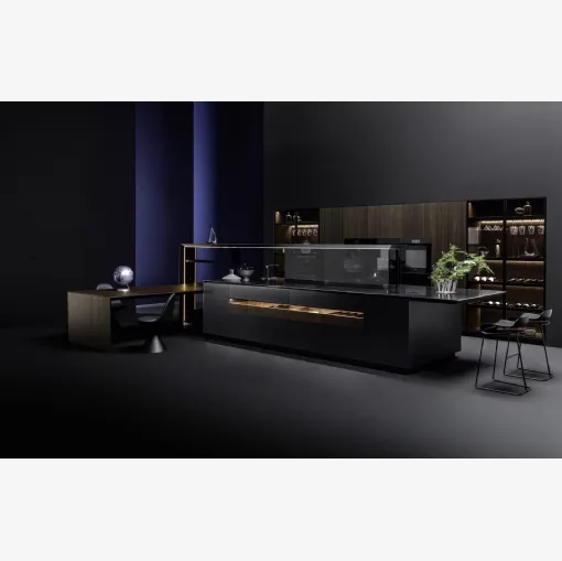 Cucina Design con isola Nautila 01 in laccato Texture 3d sand nero con top in acciaio inox di Arrital