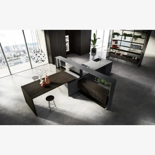 Cucina Design con isola Nautilia 05 in Fenix NTM grigio bromo e Rovere fumè di Arrital