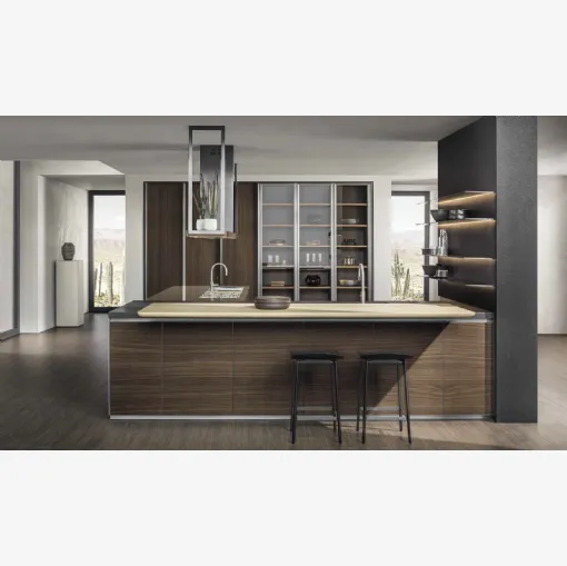 Cucina Design con penisola HiLine 6 Frame Door con base in Noce, top in acciaio Inox e Nero Lava, banco snack in Rovere biondo nodato di Molteni & C