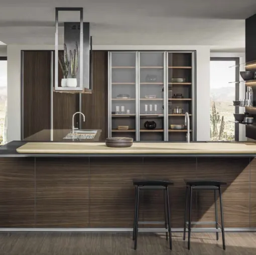 Cucina Design con penisola Hi-Line 6 Frame Door con base in Noce, top in acciaio Inox e Nero Lava, banco snack in Rovere biondo nodato di Molteni & C