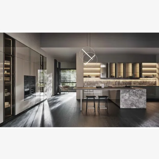 Cucina Design con penisola Prime in laccato lucido Argilla e Pietra di Molteni & C