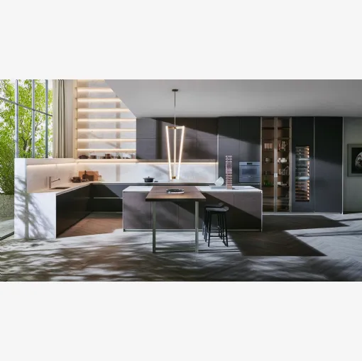 Cucina Design con isola Prime in Noce Scuro e laccato con top in marmo di Molteni & C