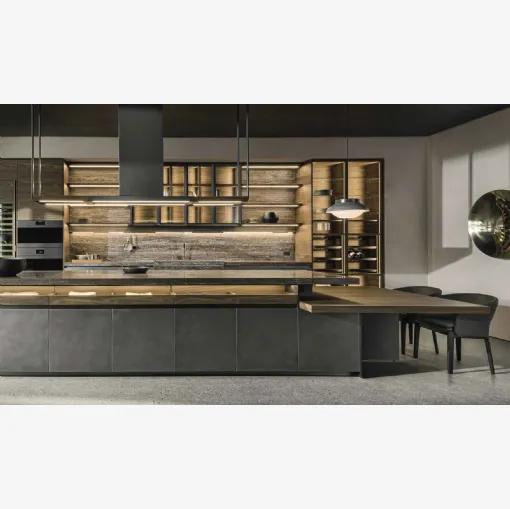 Cucina Design con isola VVD in Acciaio Nebula e Rovere thermo con top in marmo travertino di Molteni & C