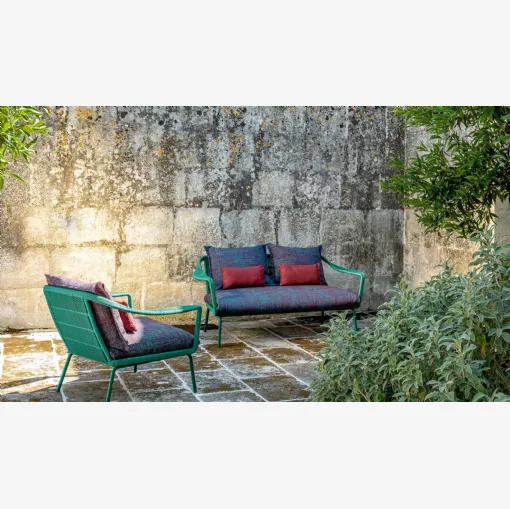 Divano e poltroncina Cruise Alu Love Seat in alluminio e corda con cuscini in tessuto di Talenti