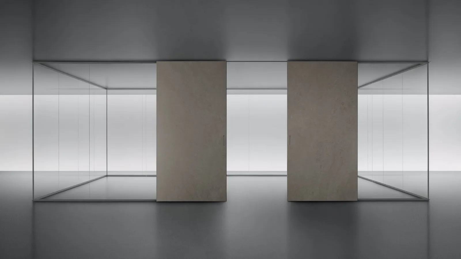 Parete divisoria Spazio e Graphis Plus in vetro e Gres con struttura in alluminio finitura platino di Rimadesio